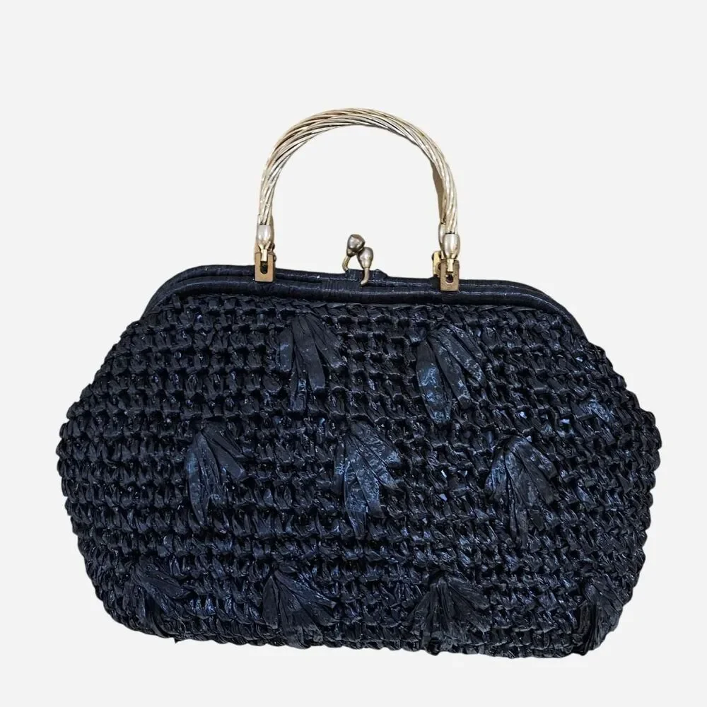 50s 60s cottagecore twee black raffia handbag made in italy - Picture 1 of 6